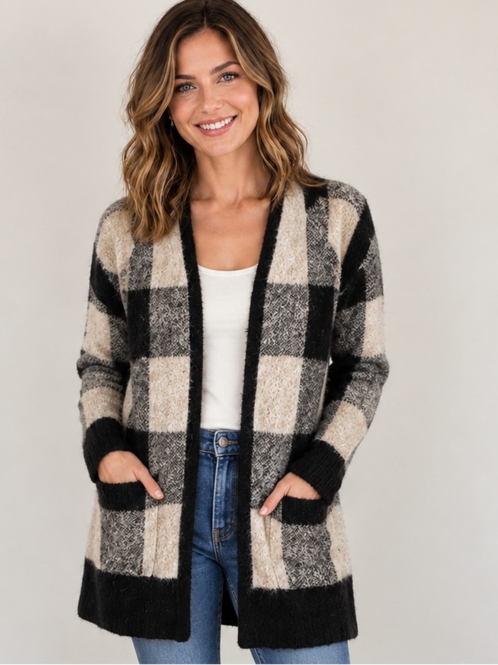 Lucky Brand Wool Blend Plaid Cardigan M Grandpacore Open Front Pockets